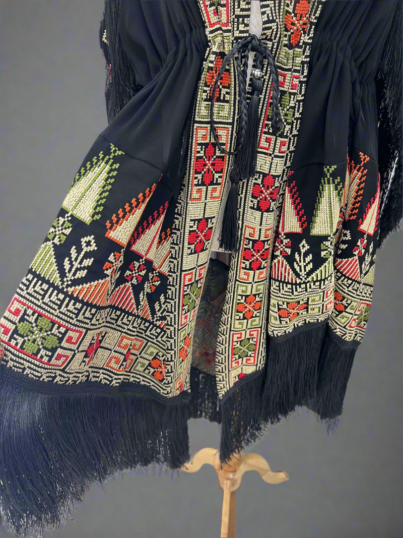 Embroidered Black Fringe Jacket with Gold Stitching