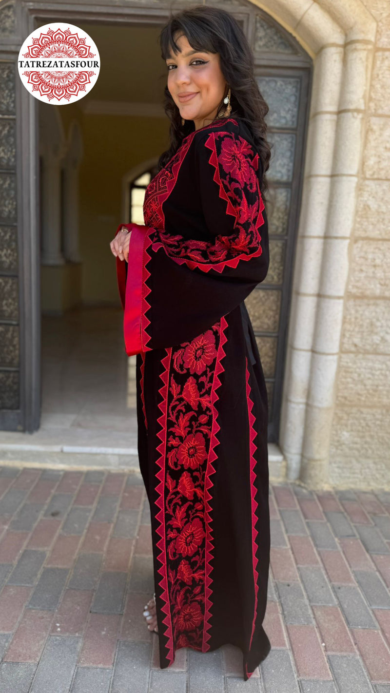 Palestinian Black Thobe with Burgundy Embroidery
