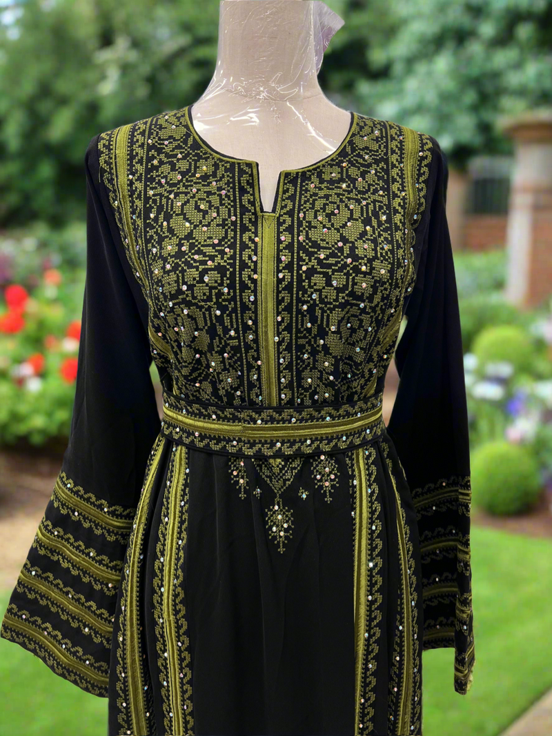 Black Thobe - Solid Olive Green Manajel Embroidery