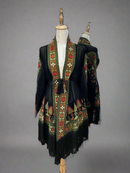 Embroidered Black Fringe Jacket With Olive Green Stitching