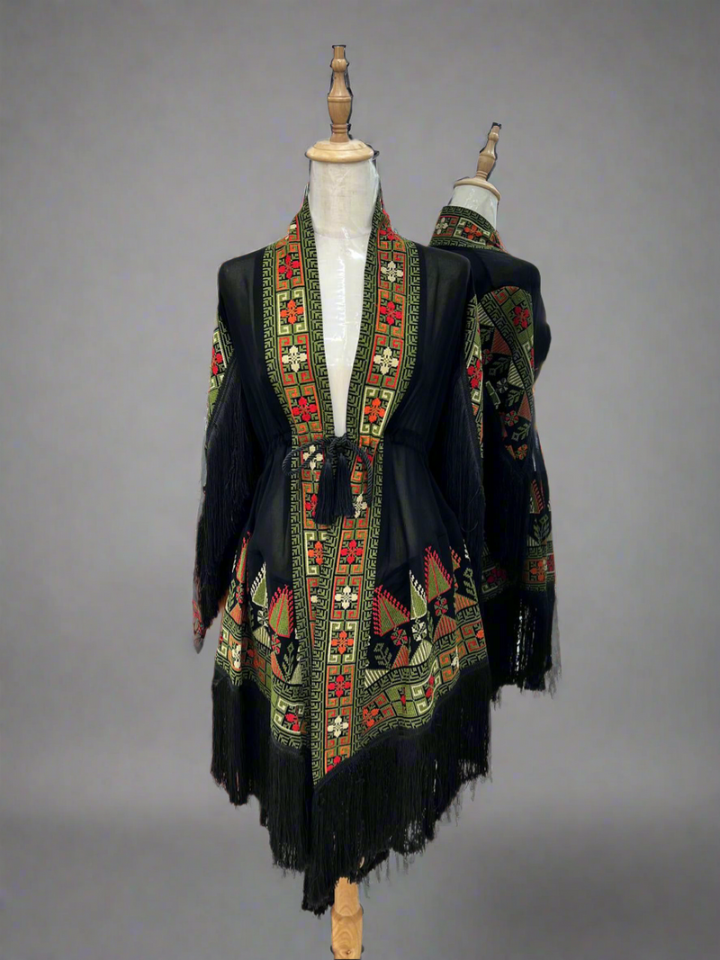Embroidered Black Fringe Jacket With Olive Green Stitching