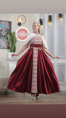 Modern Palestinian Strapless Dress – Deep Burgundy with Red Embroidery