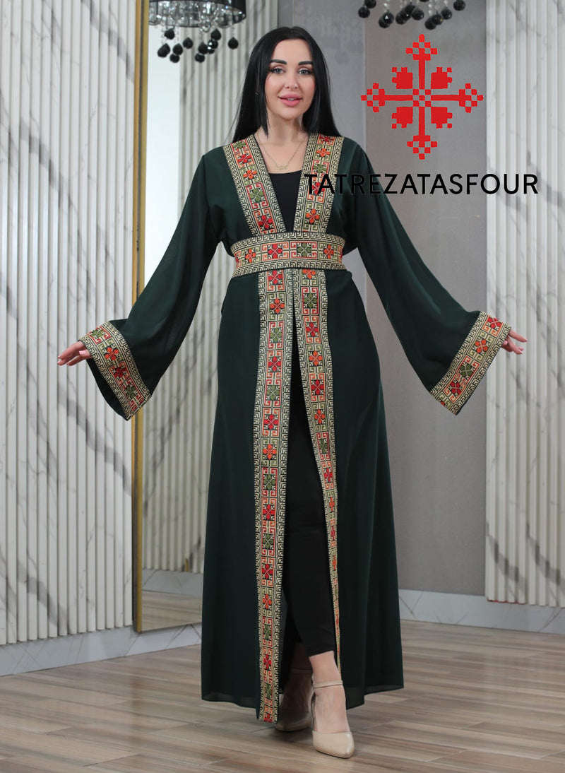 Embroidered Olive Green Abaya with Gold Stitching