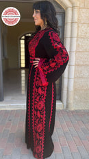 Palestinian Black Thobe with Burgundy Embroidery