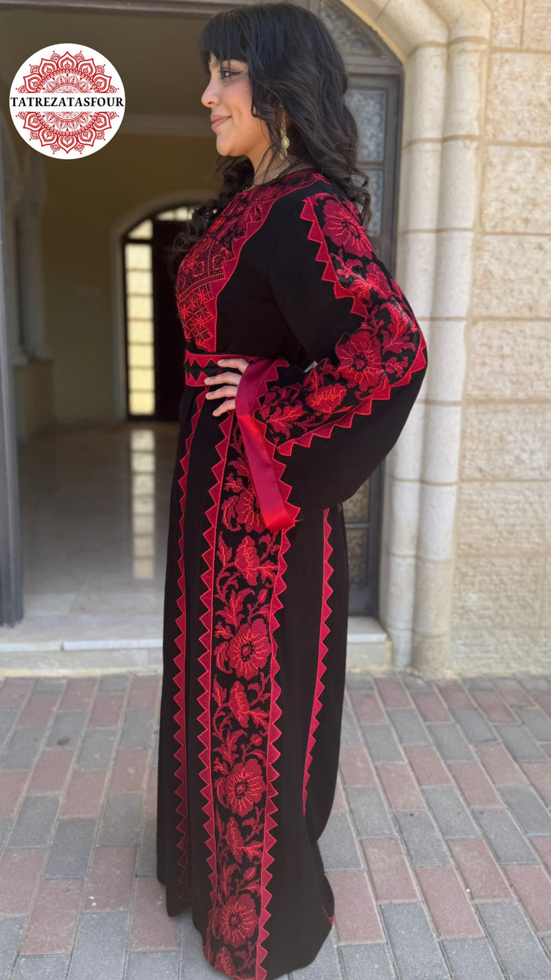 Palestinian Black Thobe with Burgundy Embroidery