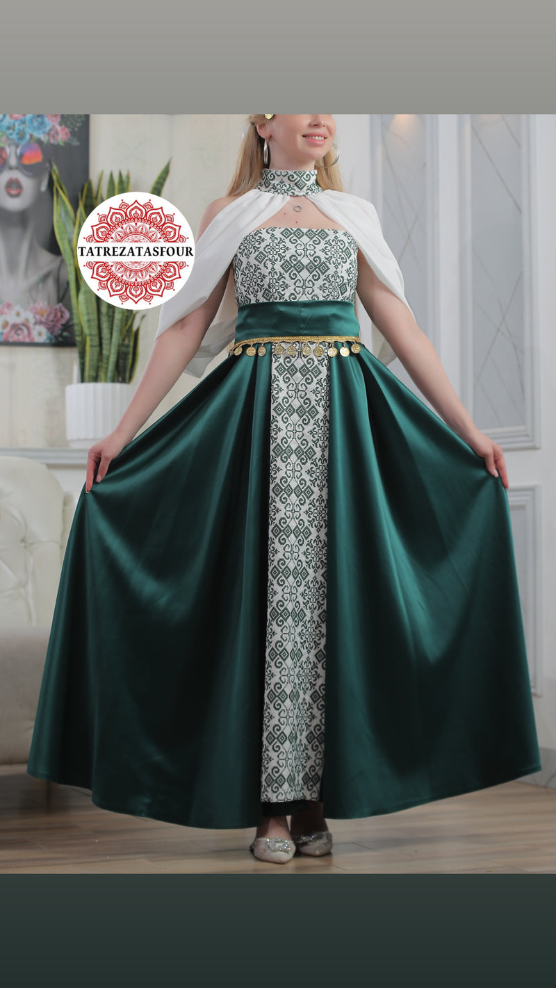Modern Palestinian Strapless Dress –Dark Green with Green Embroidery