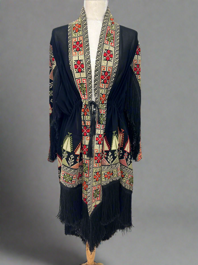 Embroidered Black Fringe Jacket with Gold Stitching