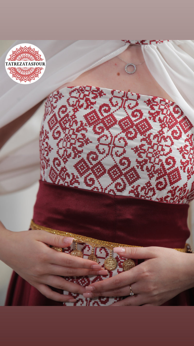 Modern Palestinian Strapless Dress – Deep Burgundy with Red Embroidery