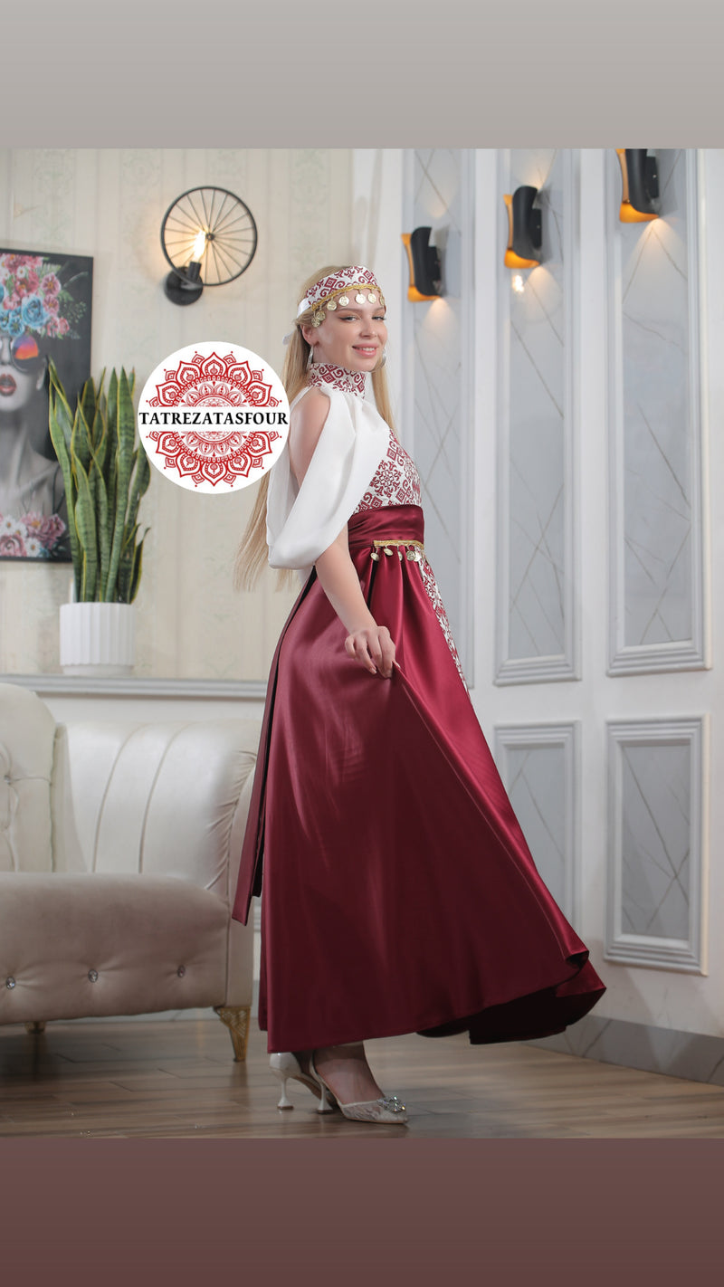 Modern Palestinian Strapless Dress – Deep Burgundy with Red Embroidery