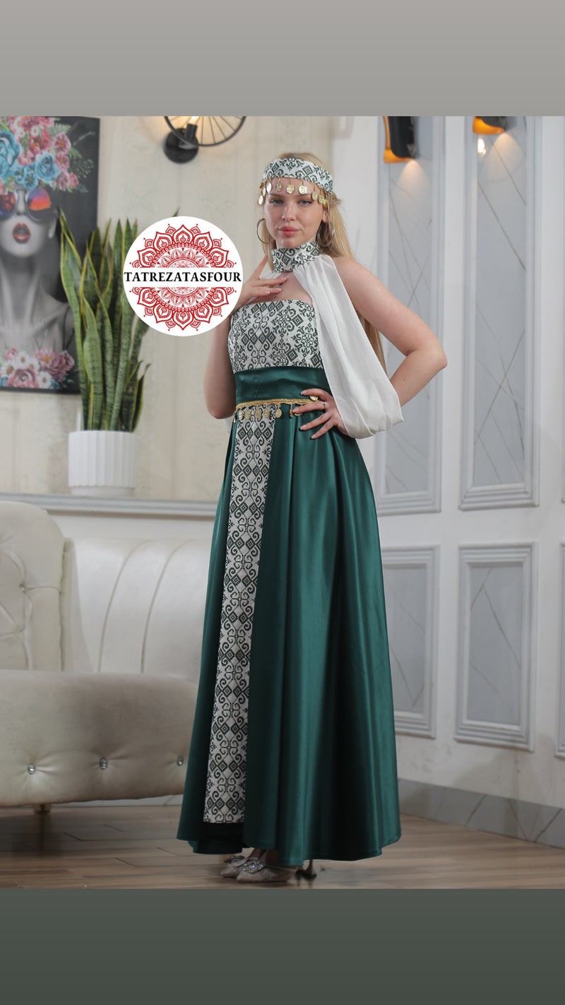 Modern Palestinian Strapless Dress –Dark Green with Green Embroidery
