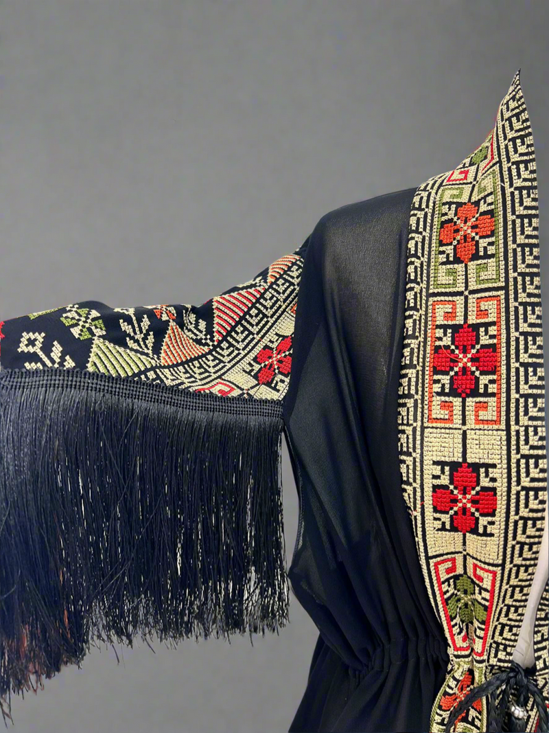 Embroidered Black Fringe Jacket with Gold Stitching