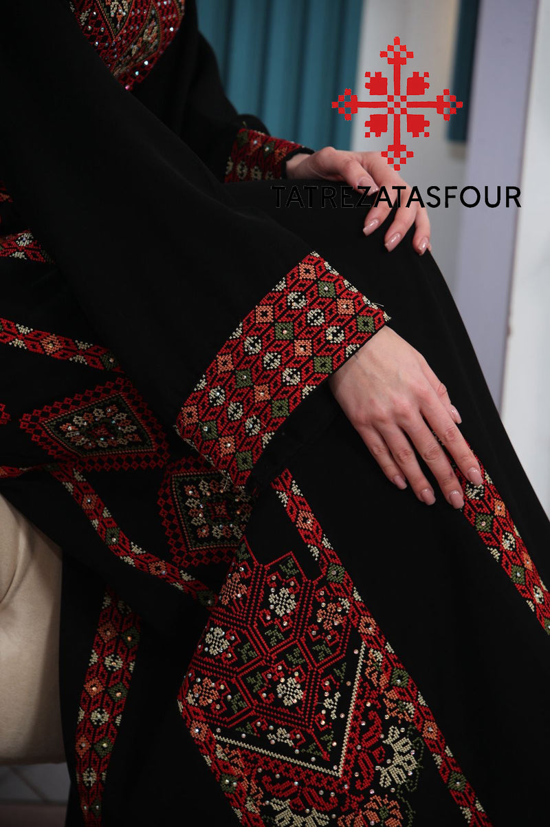Palestinian Black Thobe with Red Embroidered Lines