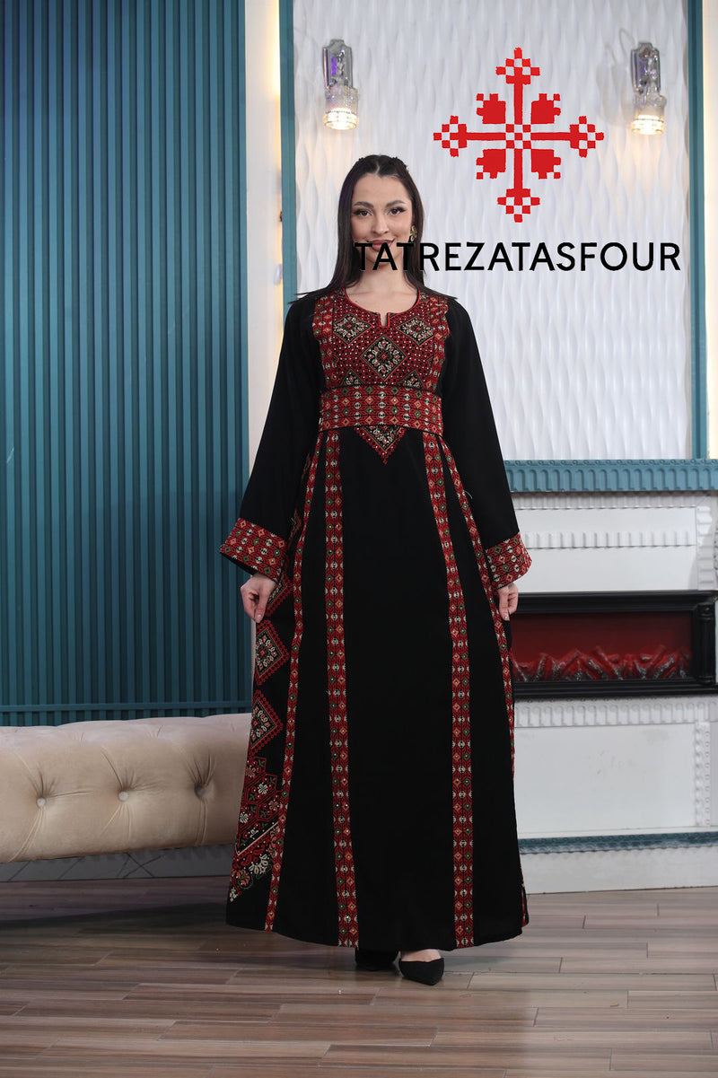 Palestinian Black Thobe with Red Embroidered Lines