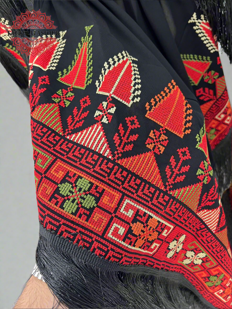 Embroidered Black Fringe Jacket With Red And Green Stitching
