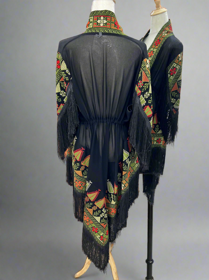 Embroidered Black Fringe Jacket With Olive Green Stitching