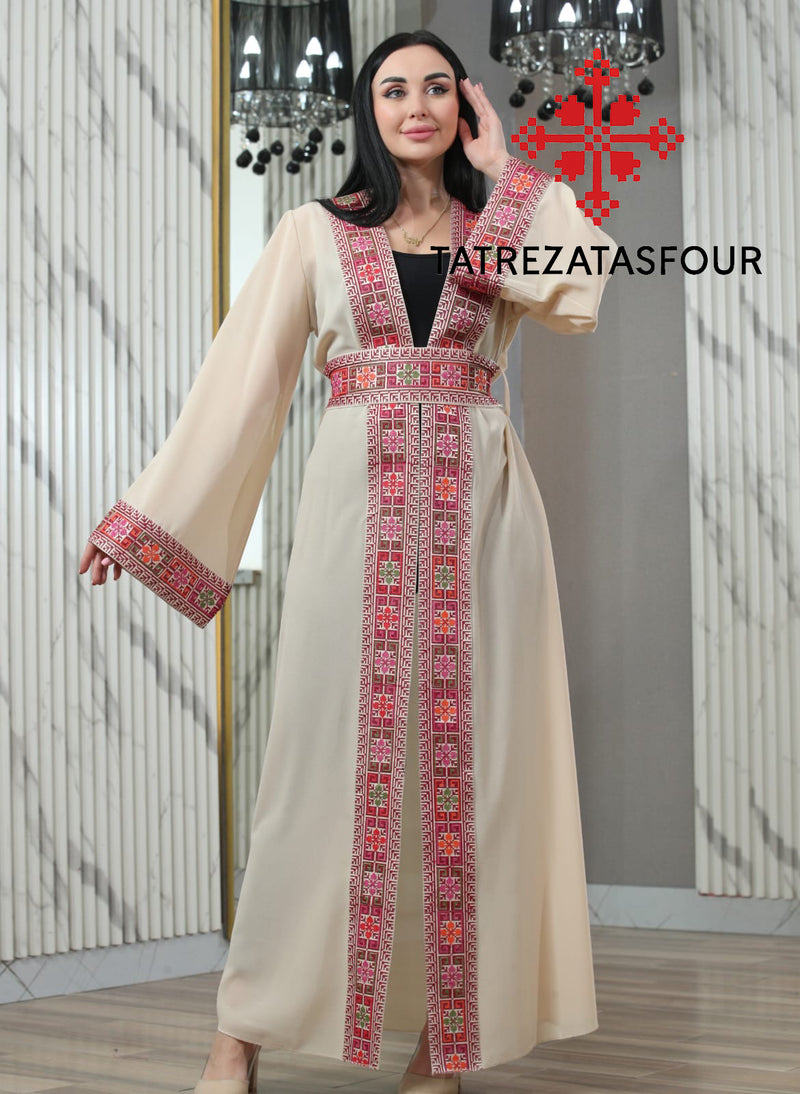Embroidered Beige Abaya with Burgundy Stitching