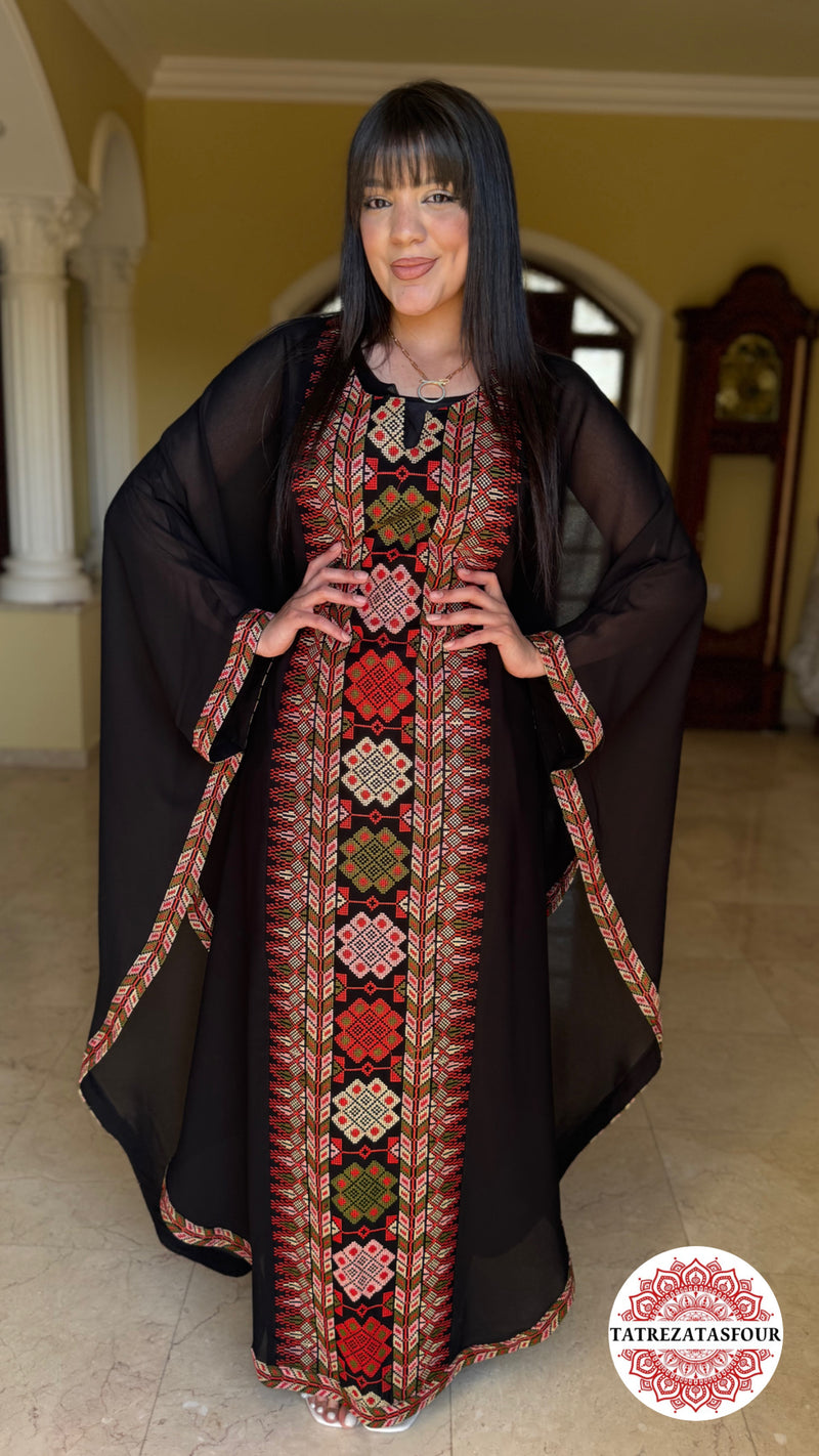Black chiffon abaya – Red Touch