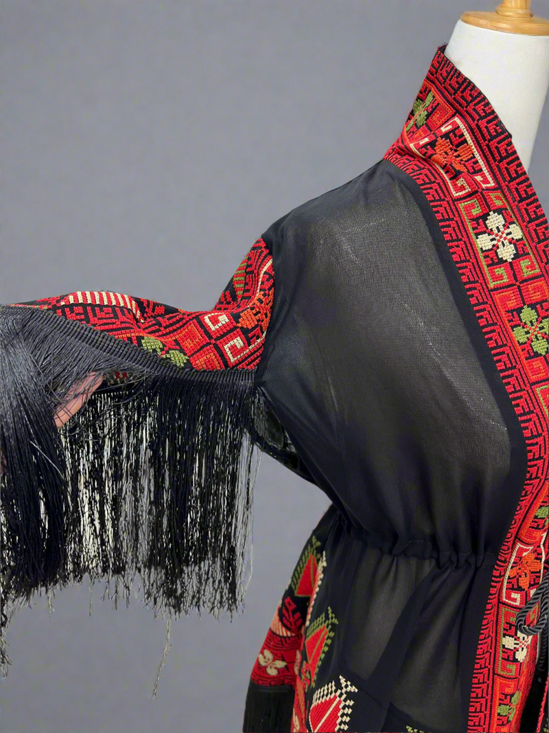 Embroidered Black Fringe Jacket With Red And Green Stitching