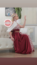 Modern Palestinian Strapless Dress – Deep Burgundy with Red Embroidery