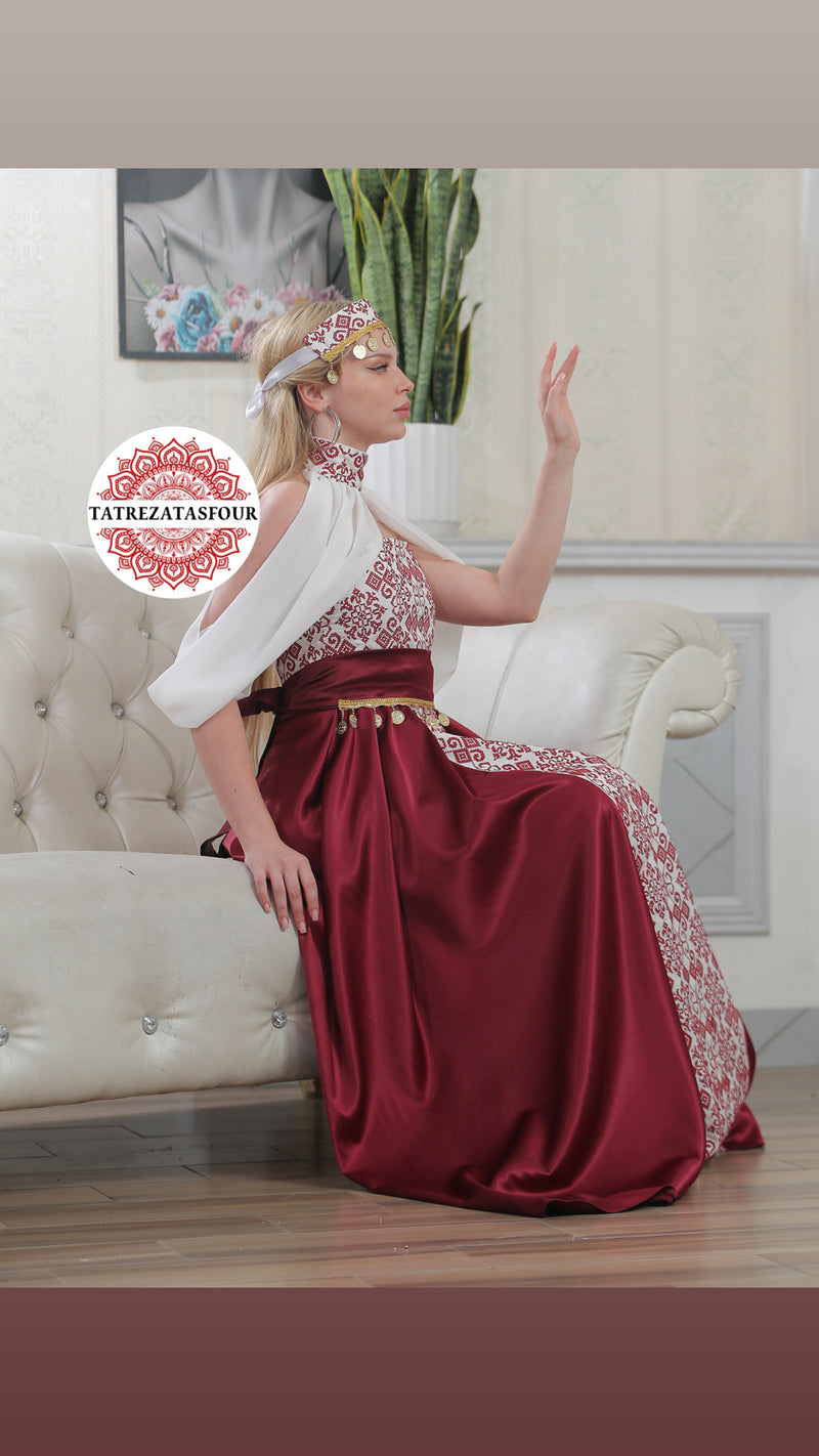 Modern Palestinian Strapless Dress – Deep Burgundy with Red Embroidery