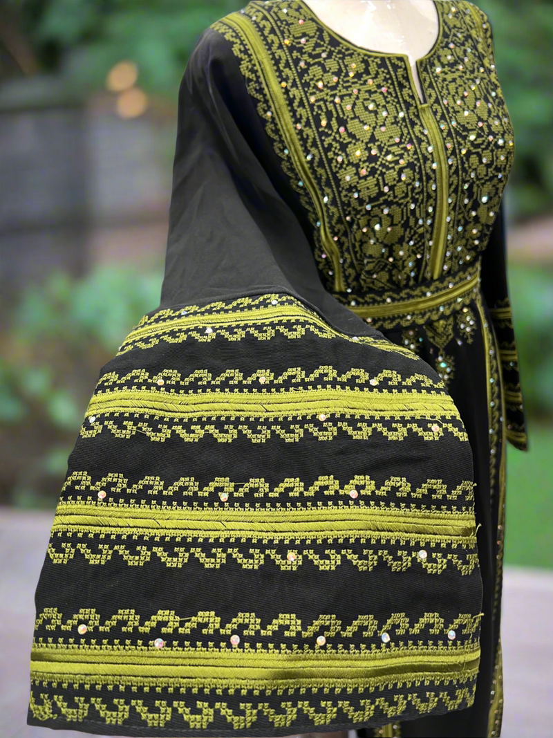 Black Thobe - Solid Olive Green Manajel Embroidery