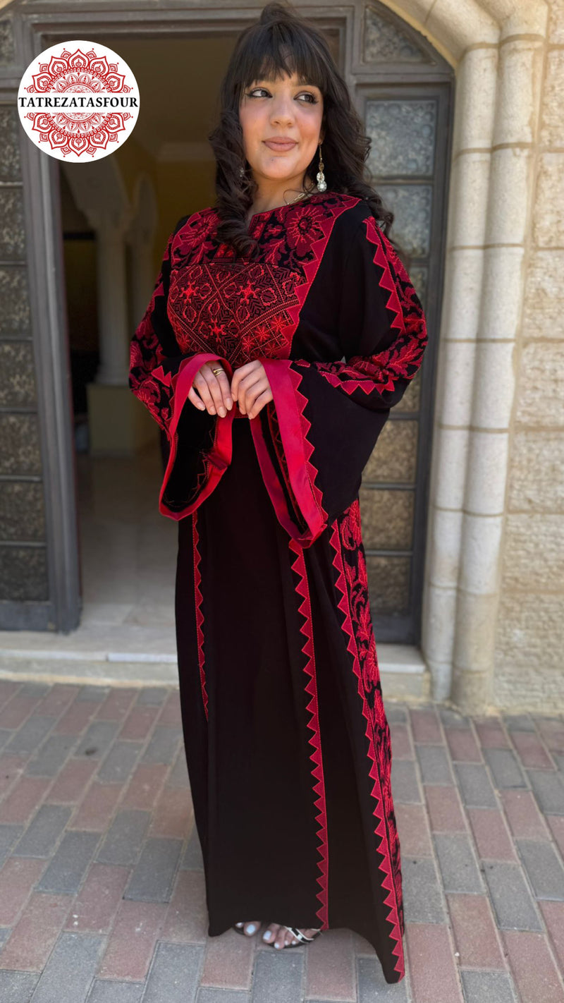 Palestinian Black Thobe with Burgundy Embroidery