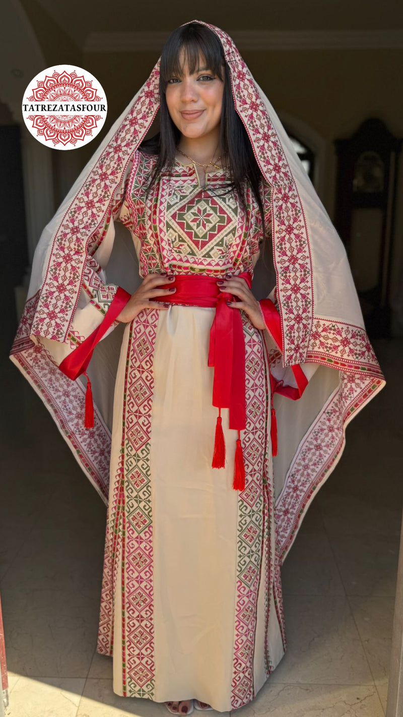 Beige princess thobe - red embroidery