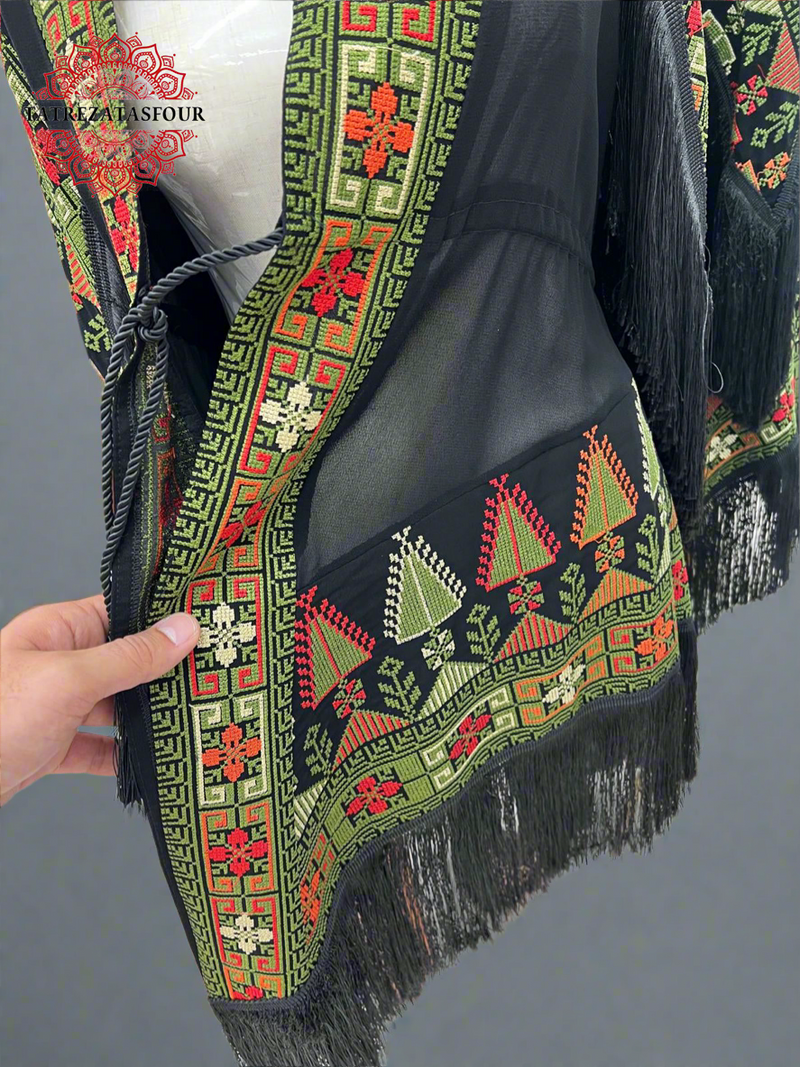 Embroidered Black Fringe Jacket With Olive Green Stitching