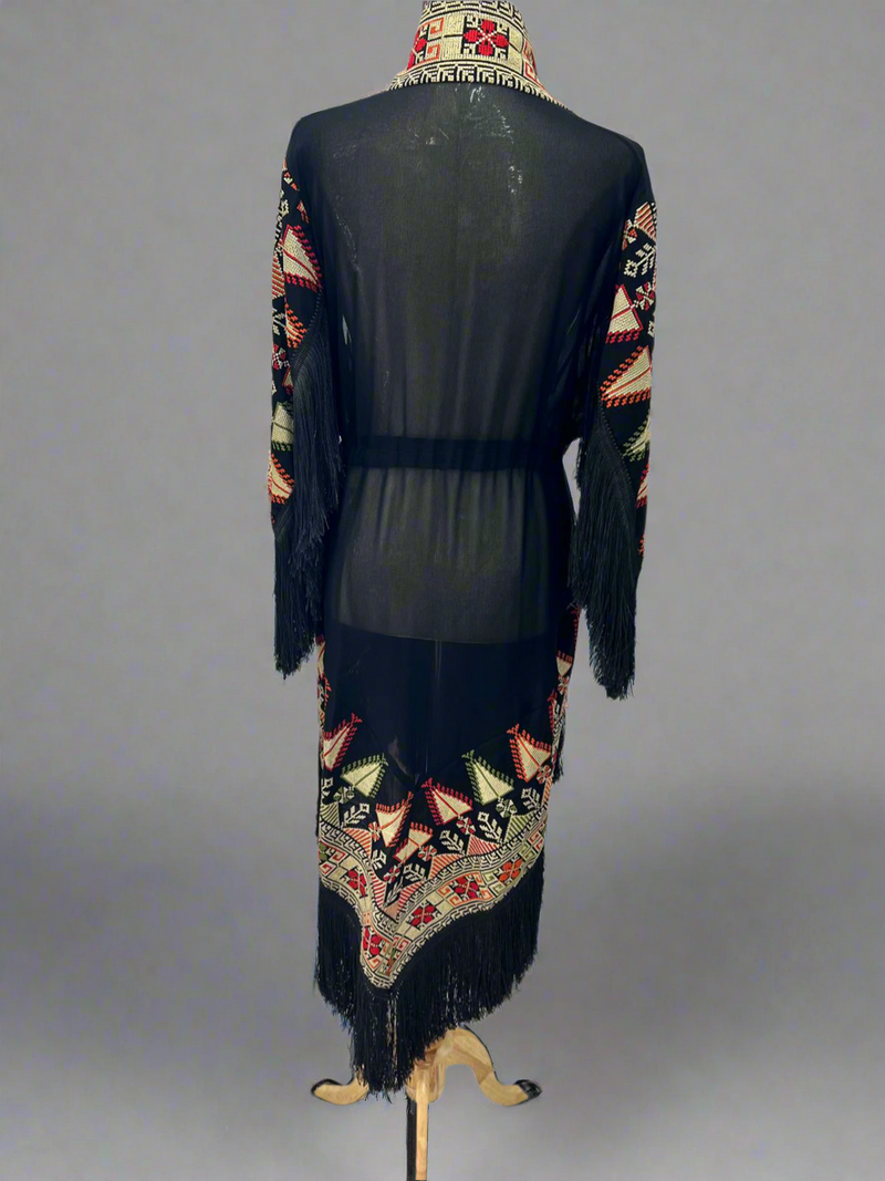 Embroidered Black Fringe Jacket with Gold Stitching