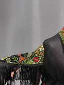 Embroidered Black Fringe Jacket With Olive Green Stitching