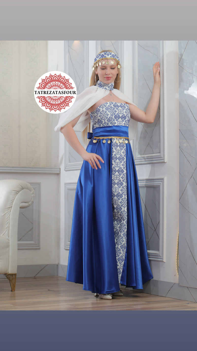 Modern Palestinian Strapless Dress – Blue Satin with Blue Embroidery