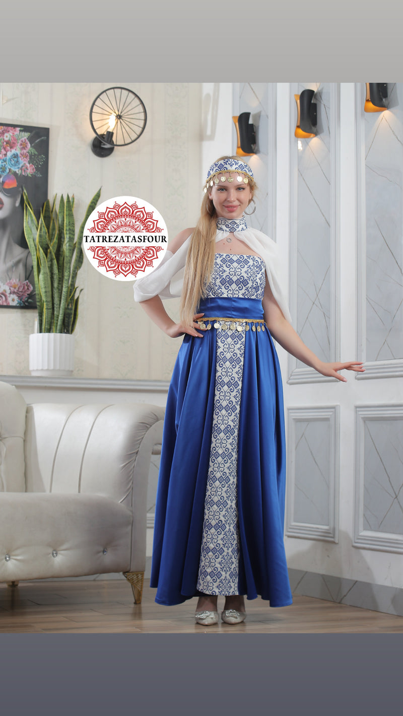 Modern Palestinian Strapless Dress – Blue Satin with Blue Embroidery