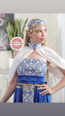 Modern Palestinian Strapless Dress – Blue Satin with Blue Embroidery