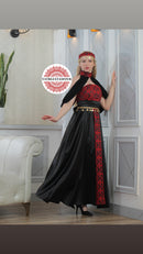 Modern Palestinian Strapless Dress – Black Satin with Red Embroidery