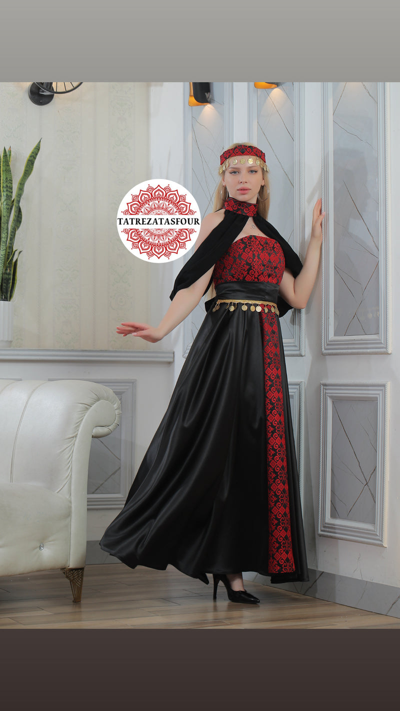 Modern Palestinian Strapless Dress – Black Satin with Red Embroidery