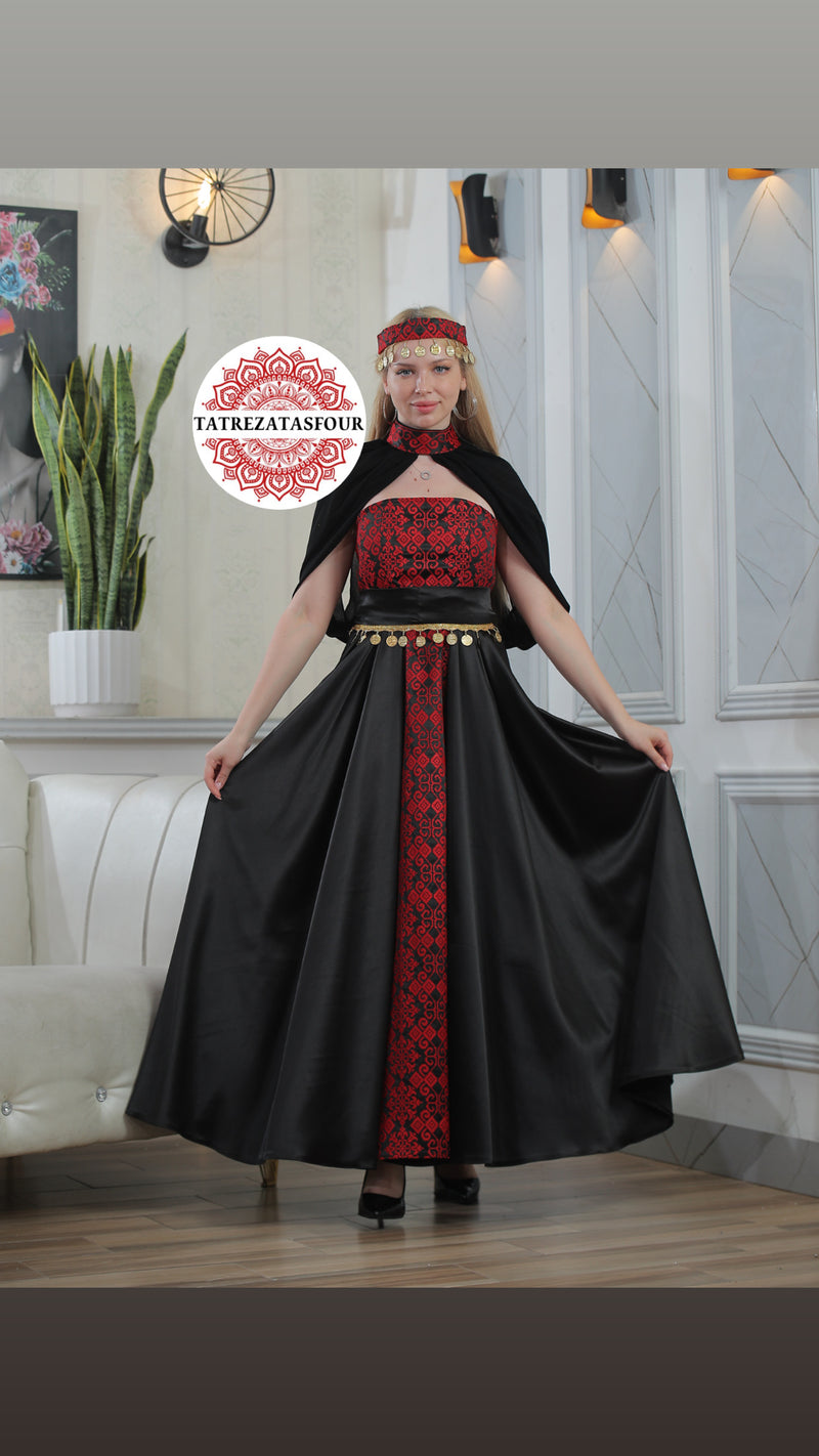 Modern Palestinian Strapless Dress – Black Satin with Red Embroidery