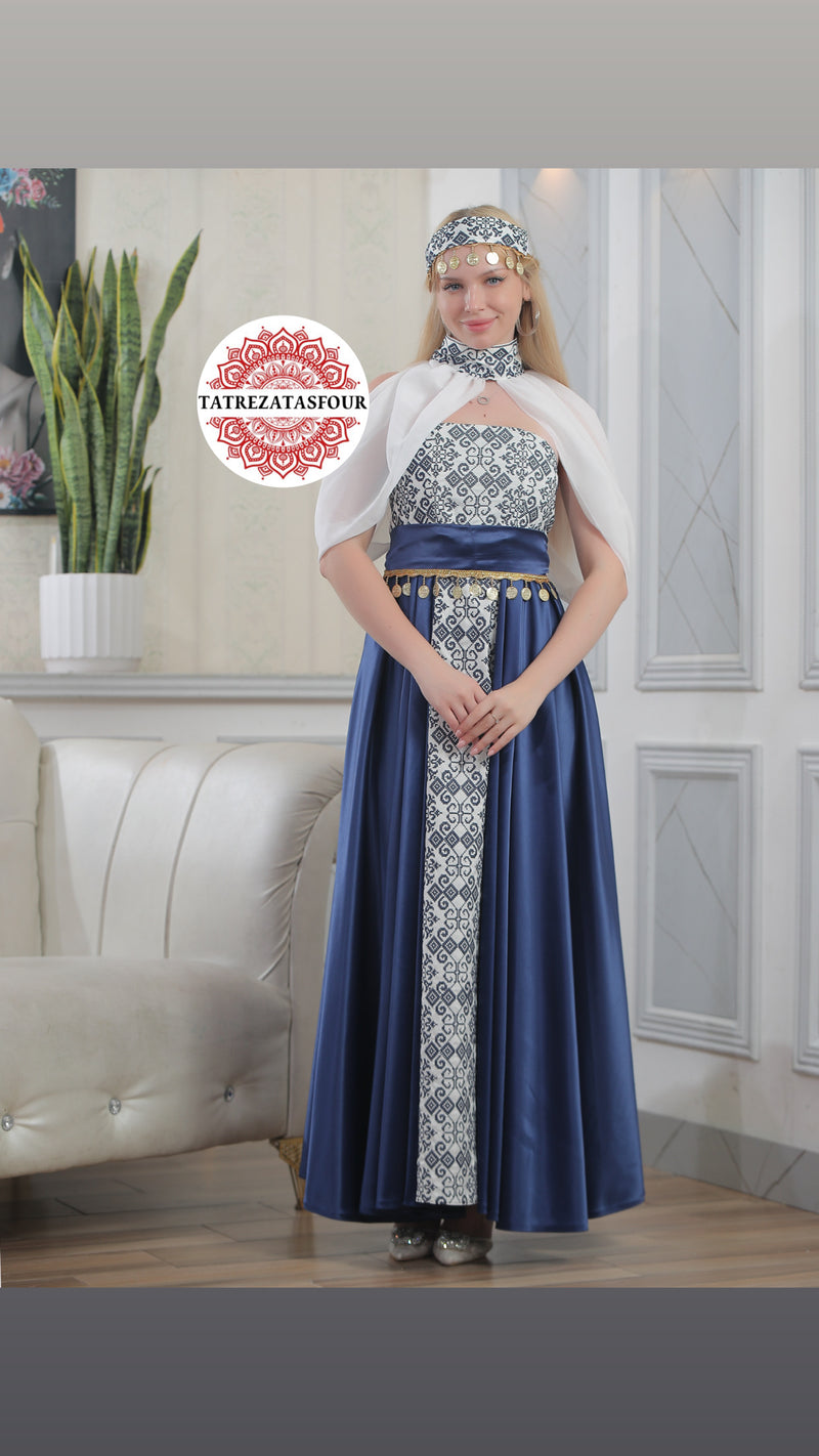 Modern Palestinian Strapless Dress –Royal Blue with Navy Embroidery