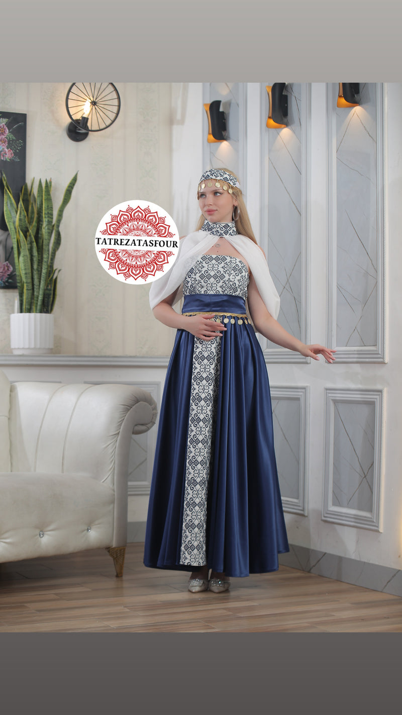 Modern Palestinian Strapless Dress –Royal Blue with Navy Embroidery