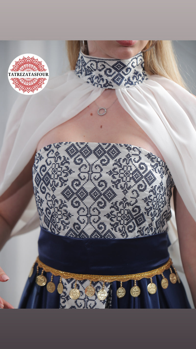 Modern Palestinian Strapless Dress –Royal Blue with Navy Embroidery