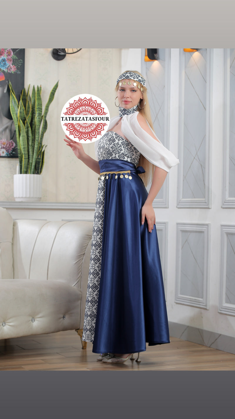 Modern Palestinian Strapless Dress –Royal Blue with Navy Embroidery