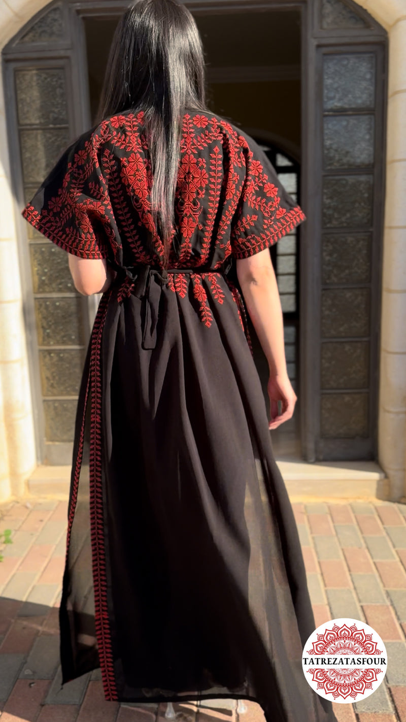 Black Chiffon - Red Embroidery