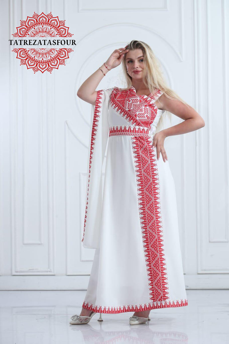 Slanted Shoulder Embroidered Dress – White and Red