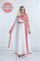 Slanted Shoulder Embroidered Dress – White and Red