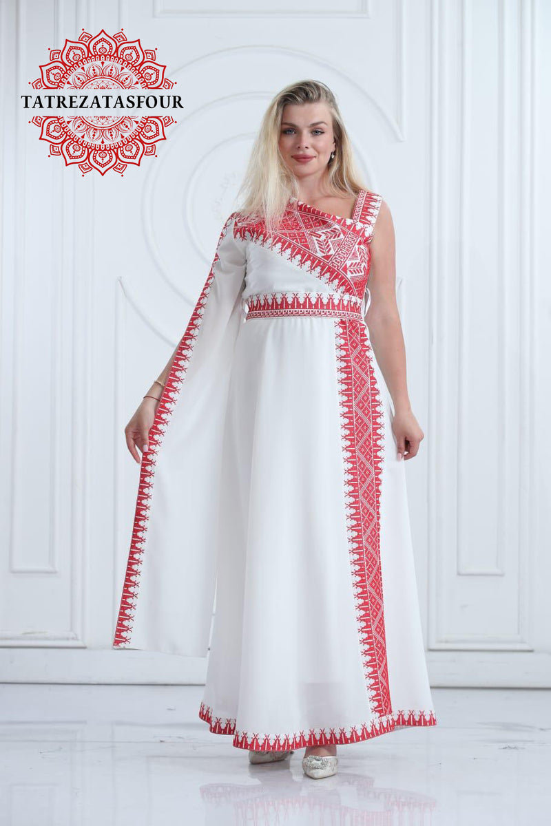 Slanted Shoulder Embroidered Dress – White and Red