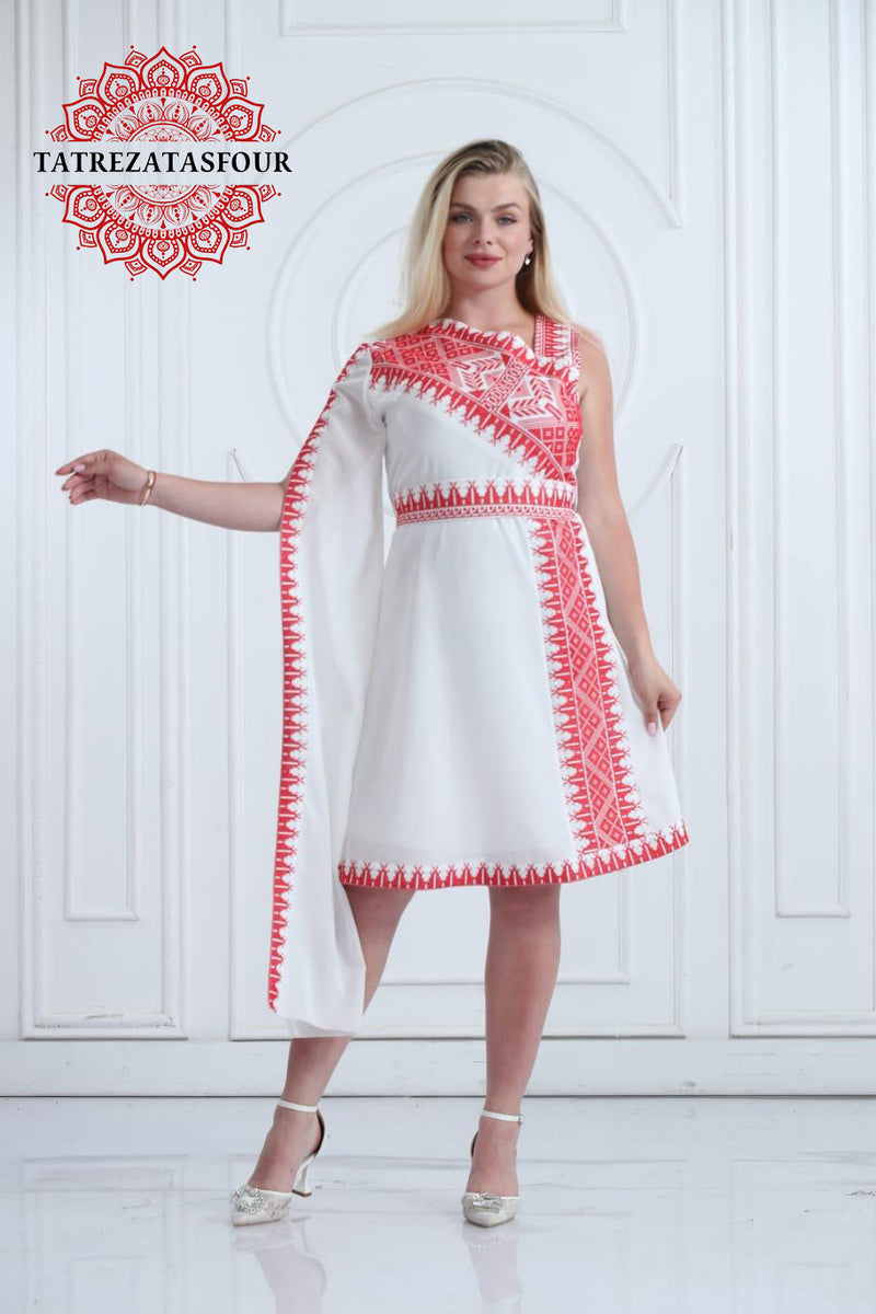 Slanted Shoulder Embroidered Short Dress – White and Red