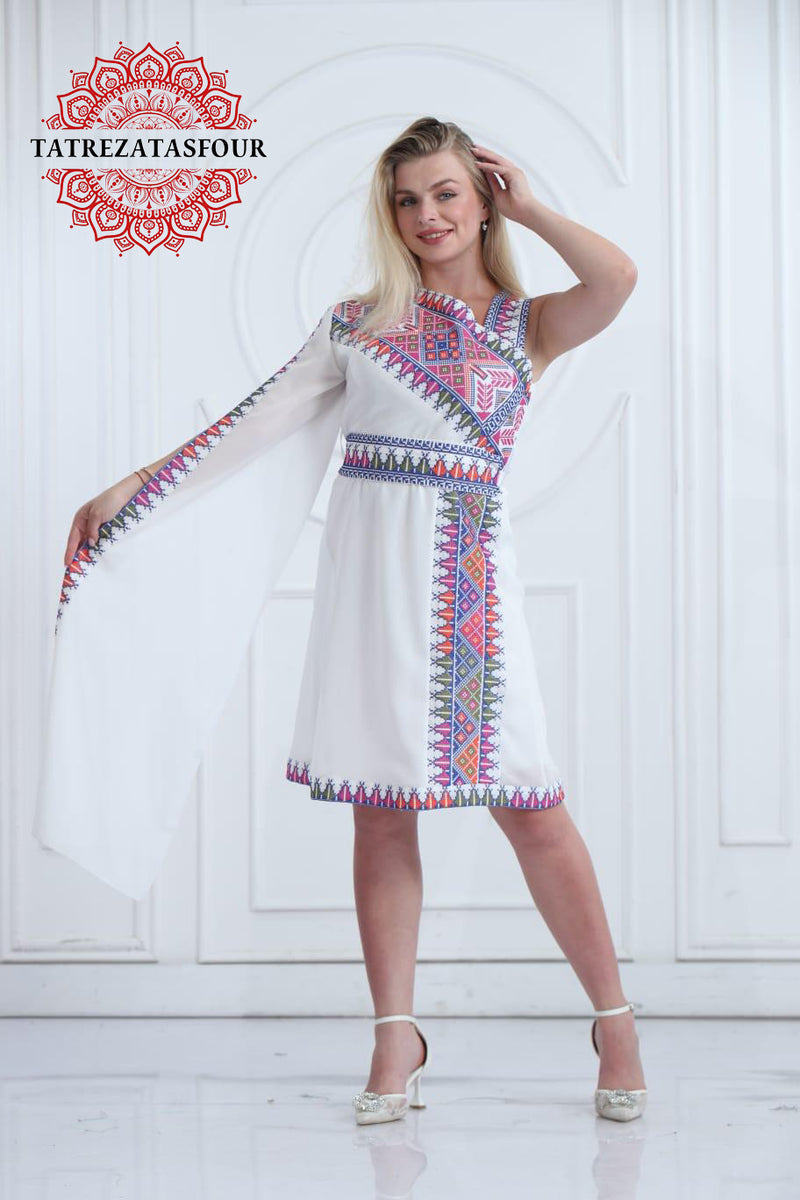 Slanted Shoulder Embroidered Short Dress – White and Blue