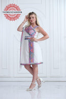 Slanted Shoulder Embroidered Short Dress – White and Blue