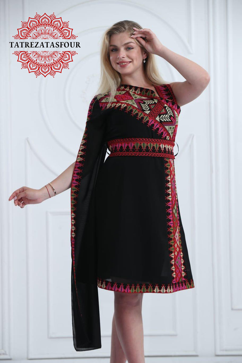 Slanted Shoulder Embroidered Short Dress – Black and Colors