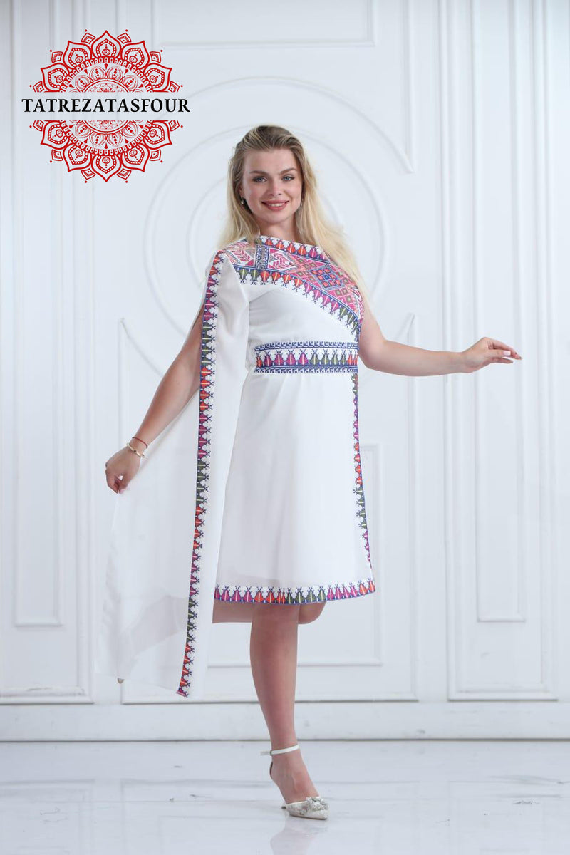 Slanted Shoulder Embroidered Short Dress – White and Blue