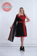 Slanted Shoulder Embroidered Short Dress – Black and Red